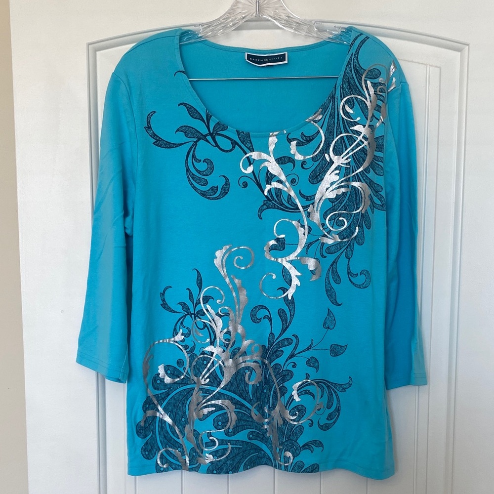 Karen Scott Turquoise and Silver 3/4 Sleeve Top -1X